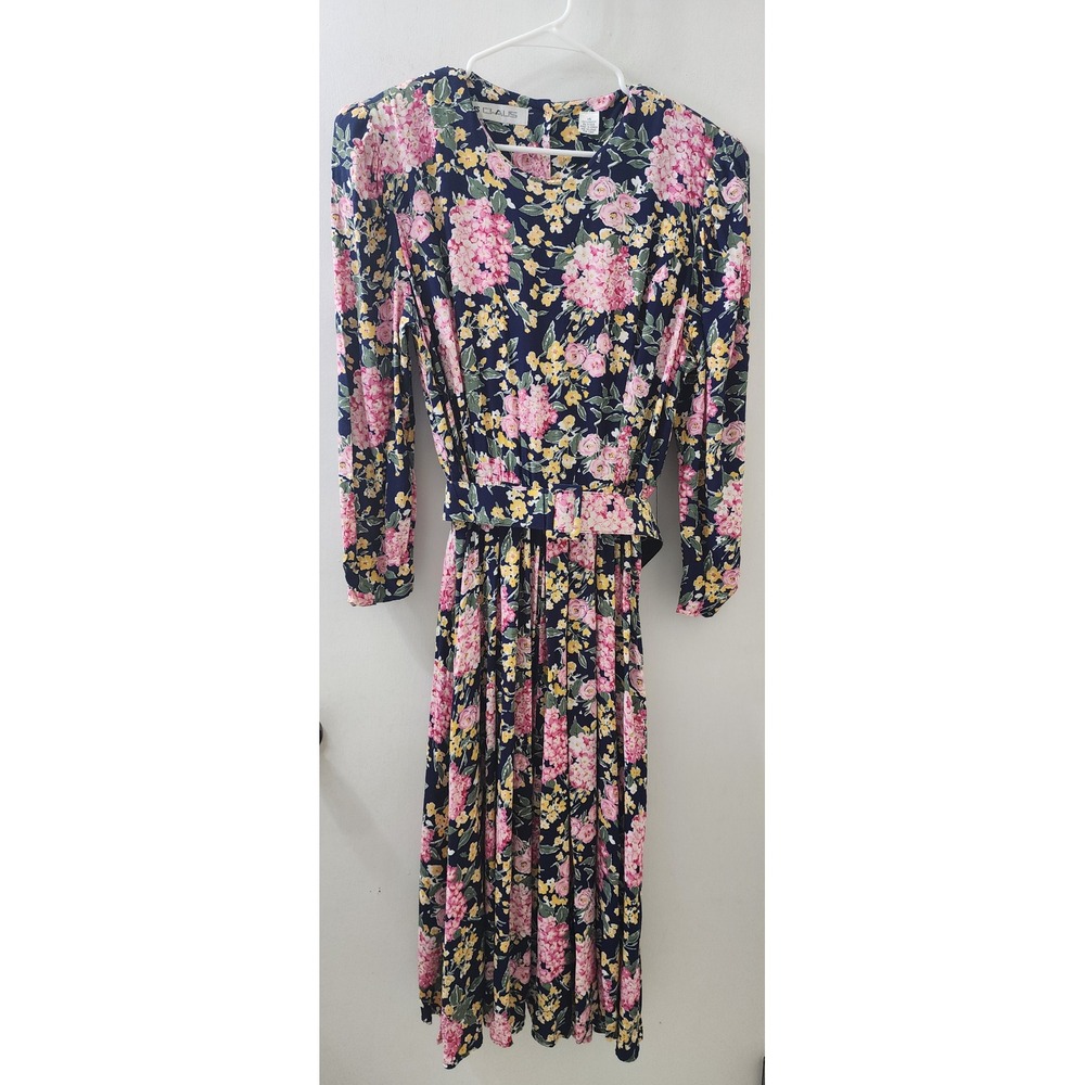 Vintage Ms Chaus Navy Floral Midi Dress Long Sleeve Belted Pockets Size 14